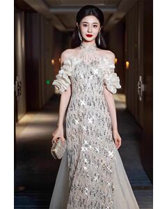 Radiant Opulence – Off-Shoulder Sequin Gown with Ruffled Sleeves