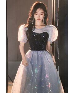 Navy Sequin Bodice Puff-Sleeve Tulle Gown with Iridescent Accents – Perfect for Evening Events