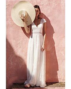 Lace V-Neck Maxi Dress with Short Sleeves for Beach Weddings