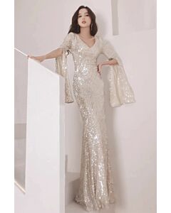 Champagne Sequin V-Neck Gown with Bell Sleeves – Perfect for Evening Events and Gala
