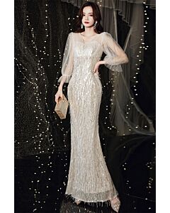 Glamorous Silver Sequin Gown – Luxe Beaded Dress with Sheer Sleeves for Evening Elegance
