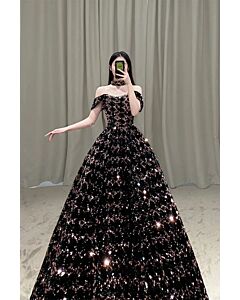 Celestial Nightfall Sequin Gown – Off-Shoulder Black Ball Gown