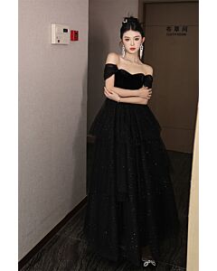 Midnight Veil – Off-Shoulder Velvet & Layered Tulle Gown