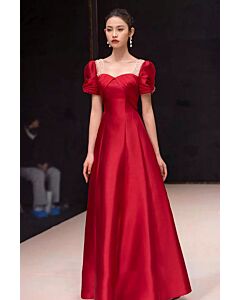 Classic Red Satin Off-Shoulder Gown with Lace Detailing
