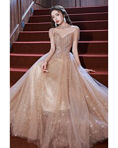 Shimmering Champagne Starry Tulle Gown with Fringe Shoulders – Perfect for Formal Soirees