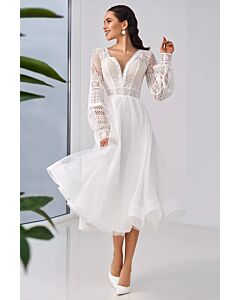 Long-Sleeve Lace Bodice A-Line Midi Dress with Flared Skirt for Formal Events