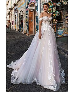 The-Shoulder Lace Ball Gown with Long Train for Formal Events