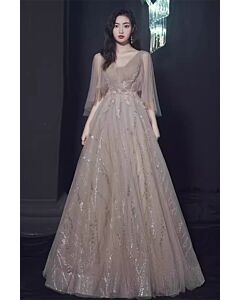 Dusty Taupe V-Neck Sparkling Tulle Ball Gown – Perfect for Weddings and Formal Events