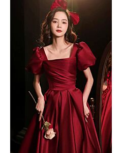 Elegant Red Satin Puff Sleeve Dress with Bow Detail – Perfect for Formal Events