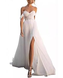 Off-the-Shoulder Lace Bodice Gown with High Slit and Long Train for Evening Events