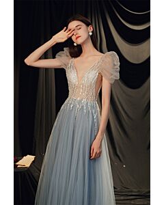 Icy Blue Enchanted Gown – Beaded Tulle Dress with Puffy Sleeves and Deep V-Neck