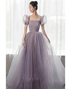 Lavender Dream Ball Gown – Elegant Tulle Dress with Puffy Sleeves & Square Neckline