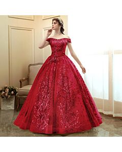 Crimson Crown – Embroidered Off-Shoulder Gown