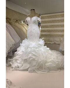 Off-the-Shoulder Beaded Mermaid Gown with Ruffled Long Train for Formal Events