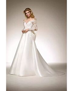 Long-Sleeve Off-the-Shoulder Lace and Satin Mermaid Gown with Long Train for Formal Events