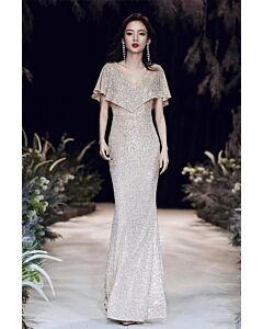Champagne V-Neck Capelet Sequin Gown – Perfect for Weddings and Formal Events