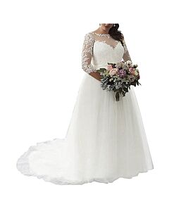 Illusion Neck Lace Bodice Ball Gown with Long Train for Formal Events