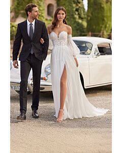 Off-the-Shoulder Lace Bodice Mermaid Gown with High Slit for Evening Events