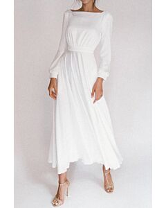 White Boatneck Long-Sleeve Ballgown