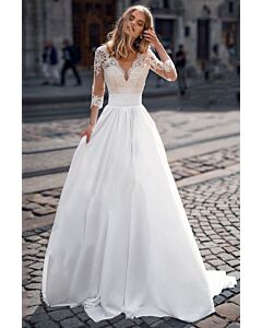 Lace Long-Sleeve V-Neck Ball Gown with Long Train for Formal Events