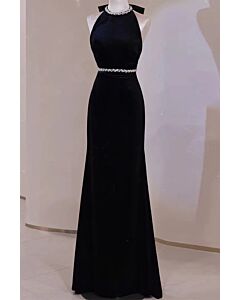 Black Velvet Halter Gown with Rhinestone Trim – Perfect for Elegant Evenings and Formal Events