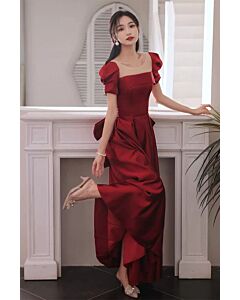 Crimson Puff-Sleeve Square-Neck Satin Gown – Perfect for Weddings and Formal Occasions