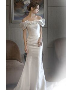 White Ruffled Off-Shoulder Satin Mermaid Gown – Perfect for Weddings and Elegant Soirees