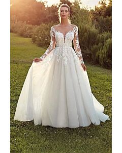 Lace Long-Sleeve Illusion Neckline Ball Gown with Long Train for Formal Events