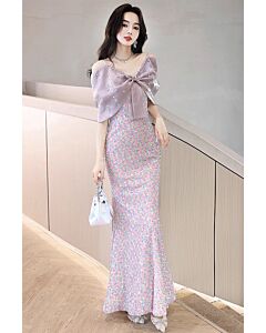 Charming Pastel Floral Evening Gown with Dainty Bow Capelet