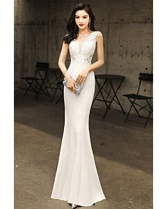 White Lace V-Neck Sheath Gown – Perfect for Weddings and Formal Soirees