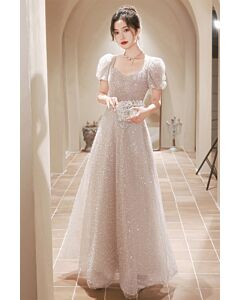 Sparkling Silver Puff-Sleeve Gown with Cinched Waist – Perfect for Weddings and Formal Events