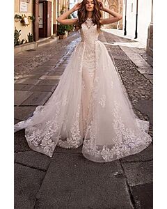 High-Neck Lace Mermaid Gown with Detachable Long Train for Formal Events