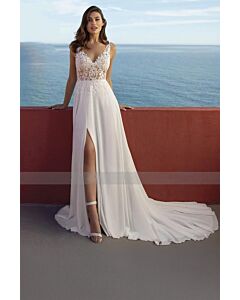 Lace V-Neck Gown with High Slit and Long Train for Formal Events