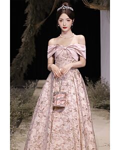 Elegant Off-Shoulder Pink Floral Brocade Ball Gown – Perfect for Proms and Special Occasions