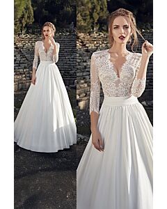 Lace Illusion V-Neck Ball Gown with Long Sleeves and Full Skirt