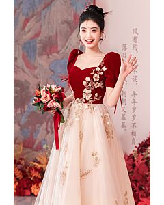 Crimson Velvet Puff-Sleeve Tulle Gown with Gold Floral Embroidery – Perfect for Traditional Weddings
