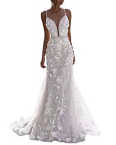 Spaghetti Strap Lace Mermaid Gown with Long Train for Evening Events