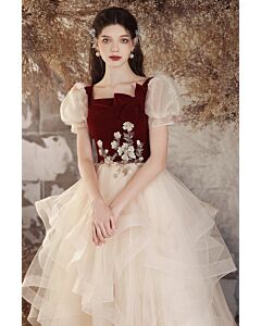 Romantic Burgundy Velvet and Tulle Gown with Floral Embroidery – Perfect for Weddings and Formal Occasions