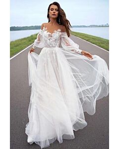 Off-the-Shoulder Lace Bodice Tulle Gown with Long Train for Formal Events
