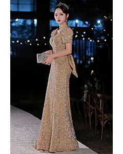 Gold Sequin Short-Sleeve Gown with Bow Accent – Perfect for Weddings and Evening Soirées
