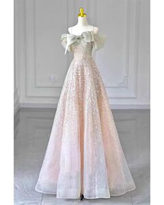 Pink Sparkling Off-Shoulder Evening Gown with Bow - Perfect for Weddings and Formal Events
