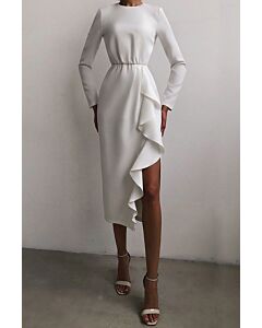 White Ruffle Detail Long-Sleeve Midi Dress