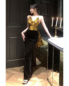 Gold Brocade Halter Gown with Black Velvet Skirt – Perfect for Formal Soirées