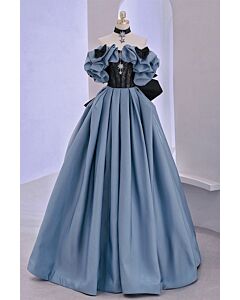 Elegant Dusty Blue Off-Shoulder Ball Gown - Luxurious Ruffled Dress with Corset Bodice for Engagements and Formal Occasions