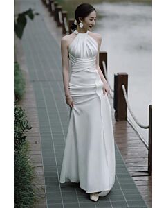 White Halter Neck Satin Gown – Perfect for Weddings and Formal Occasions