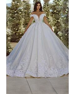 Off-the-Shoulder Lace Ball Gown with Long Train for Formal Events