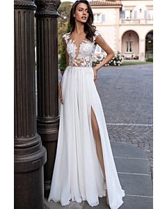 Lace Illusion Neckline Chiffon Gown with High Slit for Formal Events