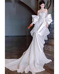 Ivory Enchantment – Puffy Organza Sleeve Satin & Tulle High–Low Gown with Scalloped Sweetheart Neckline