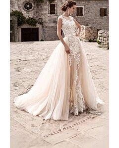 Lace Illusion Neckline Tulle Overlay Mermaid Gown with Long Train for Formal Events