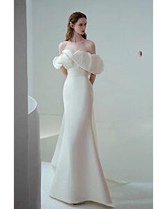 White Sculptural Off-Shoulder Satin Gown – Perfect for Modern Weddings and Elegant Ceremonies